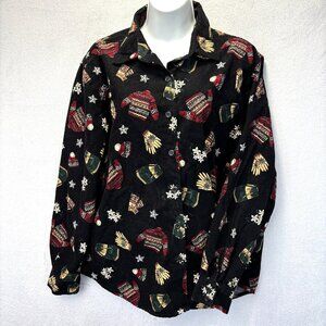 Vintage Talbots Winter Print Corduroy Button Up Shirt Womens‎ Medium Black Red